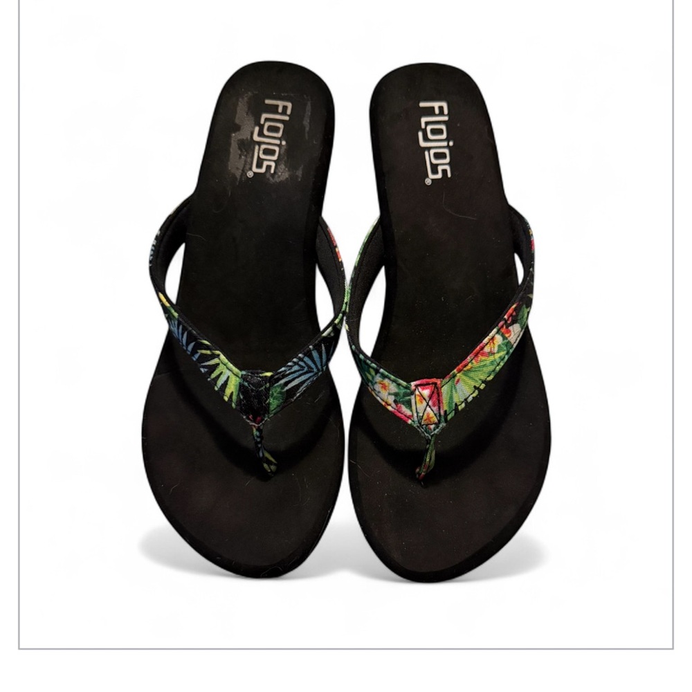 Flojos Black Wedge Sandals with Cushioned Sole floral print on straps - Picture 2 of 5